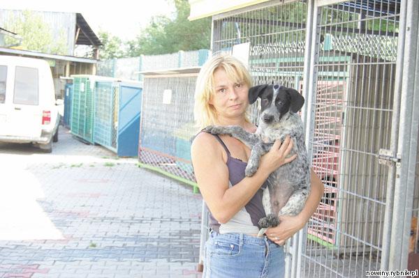 Katarzyna Palenga, pracownica schroniska, trzyma na rękach psa porzuconego przez właściciela